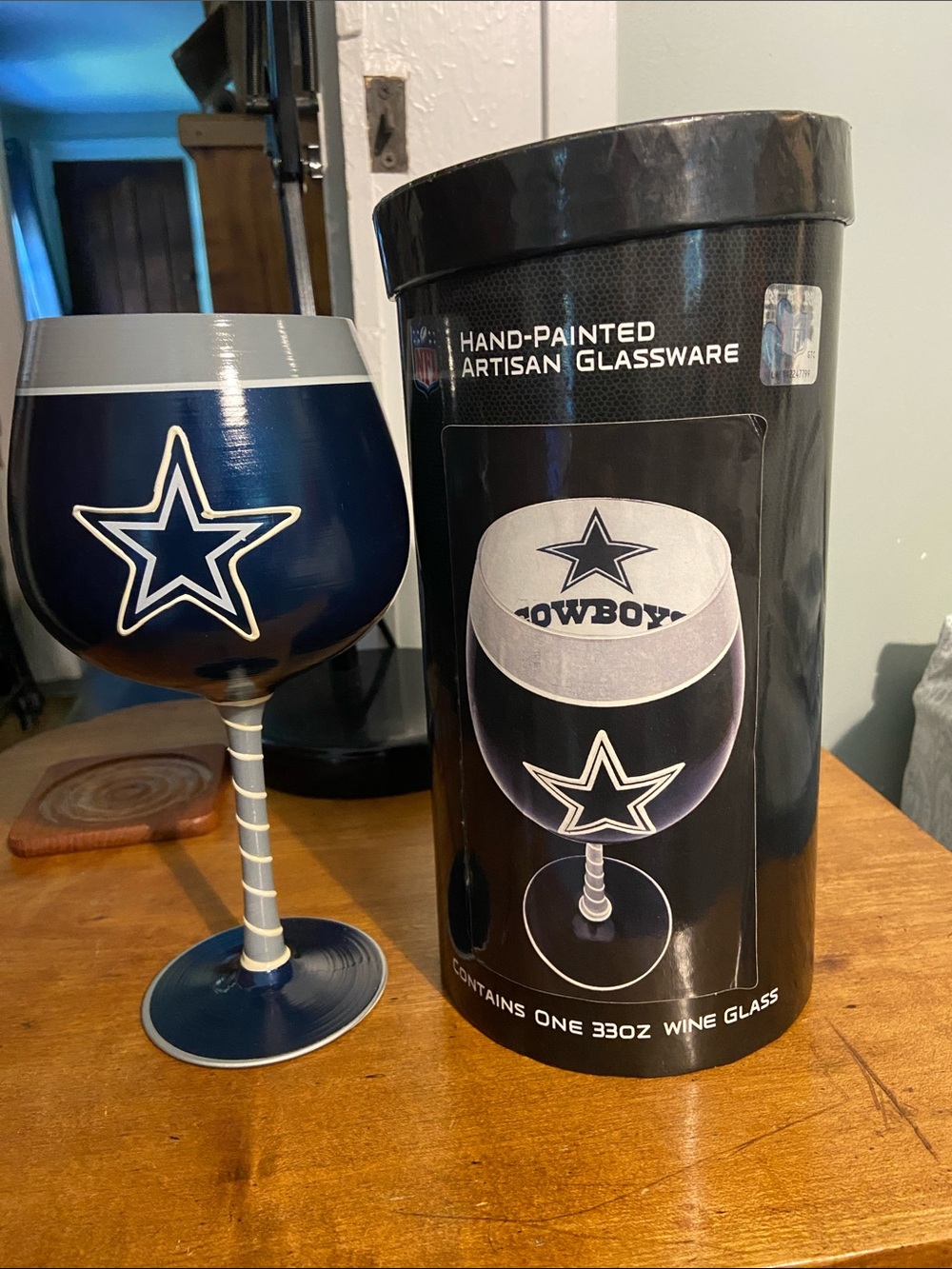 NFL Dallas Cowboys Navy and White Hand-Painted Wine Glass